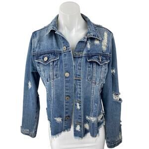 I & M Jeans Women's Blue Distressed Button Down Long Sleeve Denim Jean Jacket M